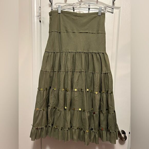L'Pogee tiered maxi Ruffle Skirt Size medium NWT olive green boho gypsy festival - Picture 2 of 16